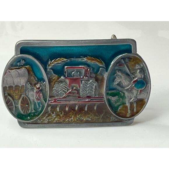 VTG 1986 CJ INC Cowboys & Indians BELT BUCKLE Farm Tractor Indian Chief Horse - Picture 4 of 7
